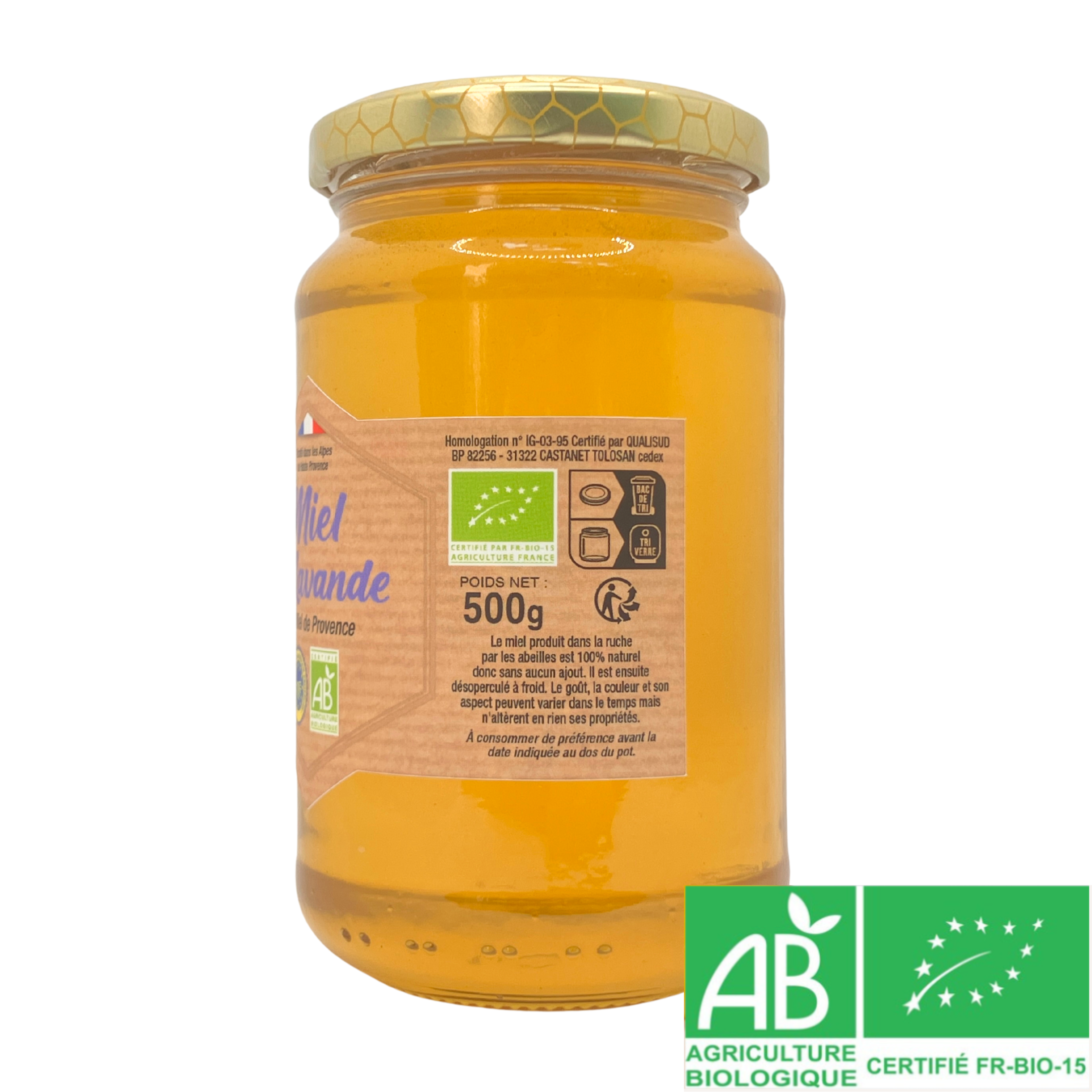 miel lavande 500G provence bio Pot de miel de lavande BIO IGP Provence vu de droite