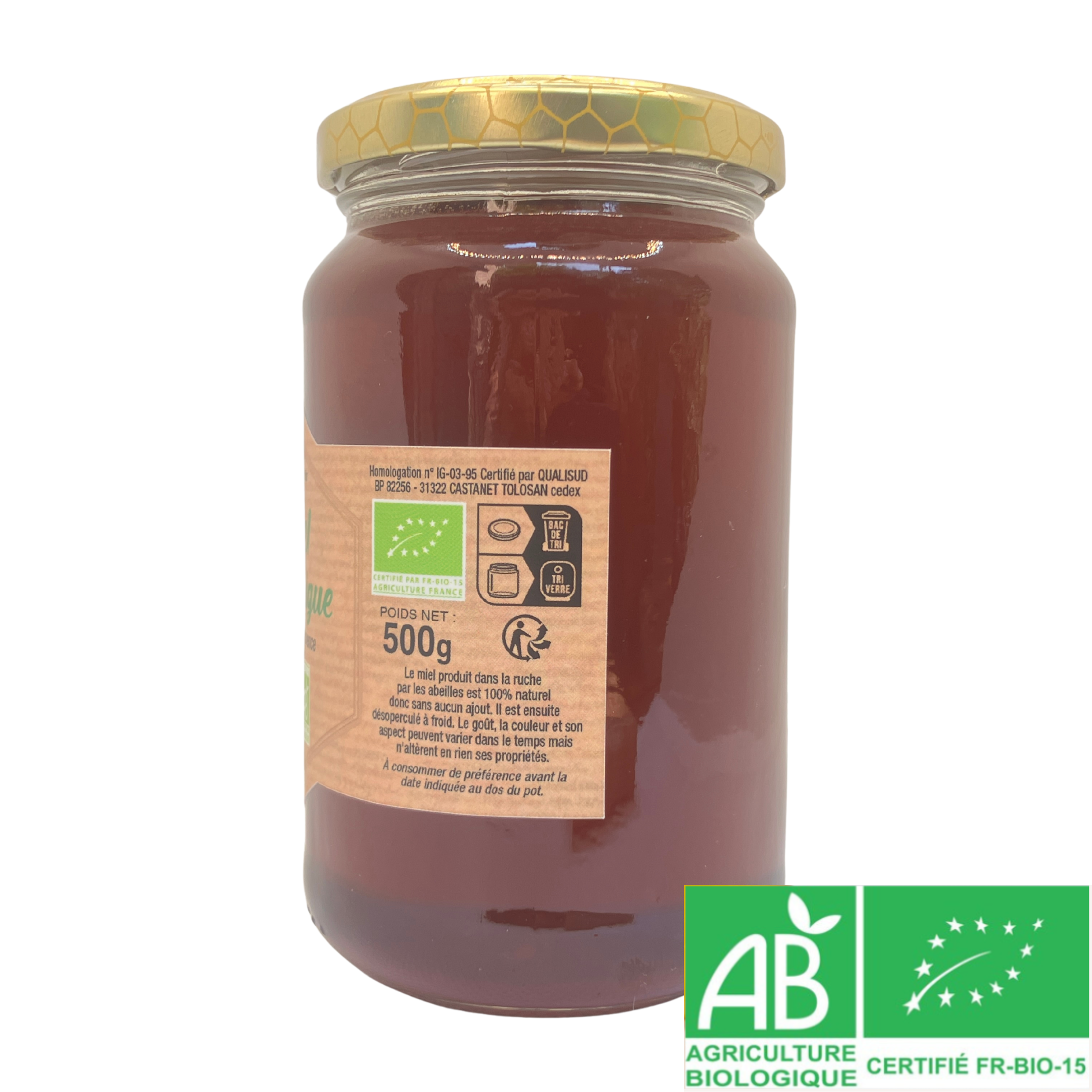 miel-garrigue-bio-igp-provence-500g-vue-droite.jpg Pot de miel de garrigue BIO IGP Provence vu de droite